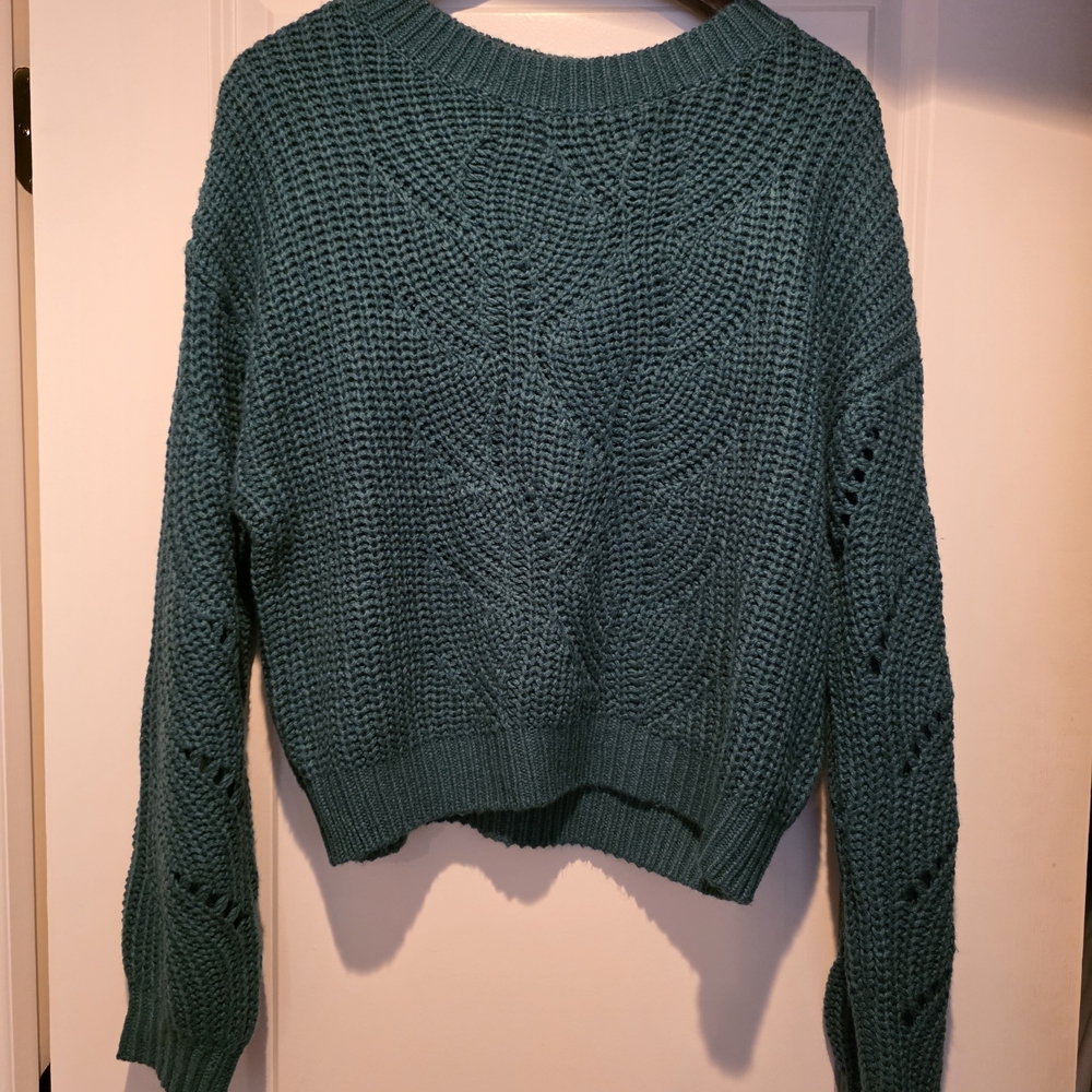 Abound Crew Neck Teal Open Knit Women's Sweater